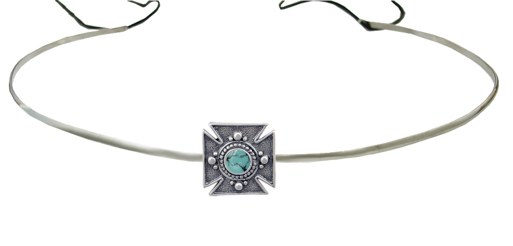 Sterling Silver Renaissance Style Medieval Cross Headpiece Circlet Tiara With Chinese Turquoise
